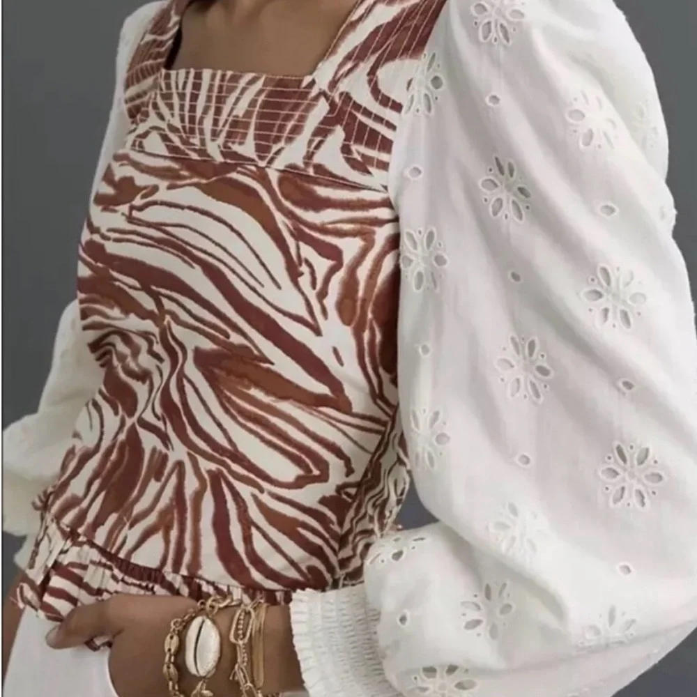 New nwot Anthropologie Love the Label Smocked Eyelet Puff Sleeve Zebra Print too
